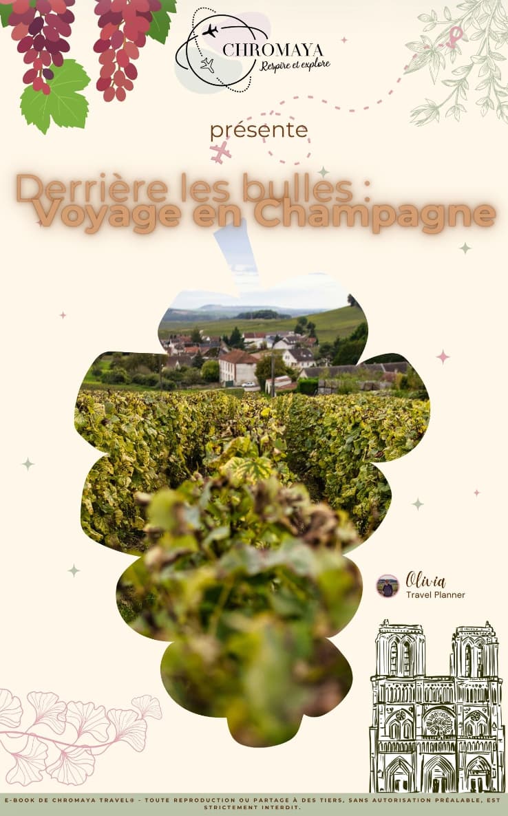Affiche de voyage avec vignoble, village au fond, texte « Derrière les bulles » et logo ChromaYa.