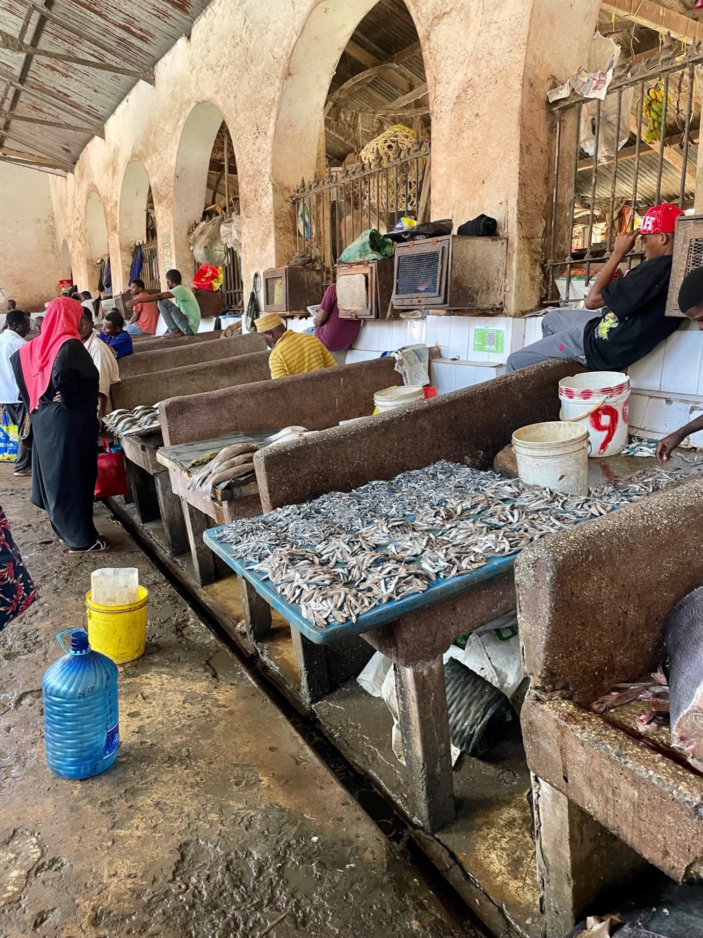 Marché intérieur avec arches, vendeurs assis, poissons alignés sur tables, seaux et caisses, ambiance animée.